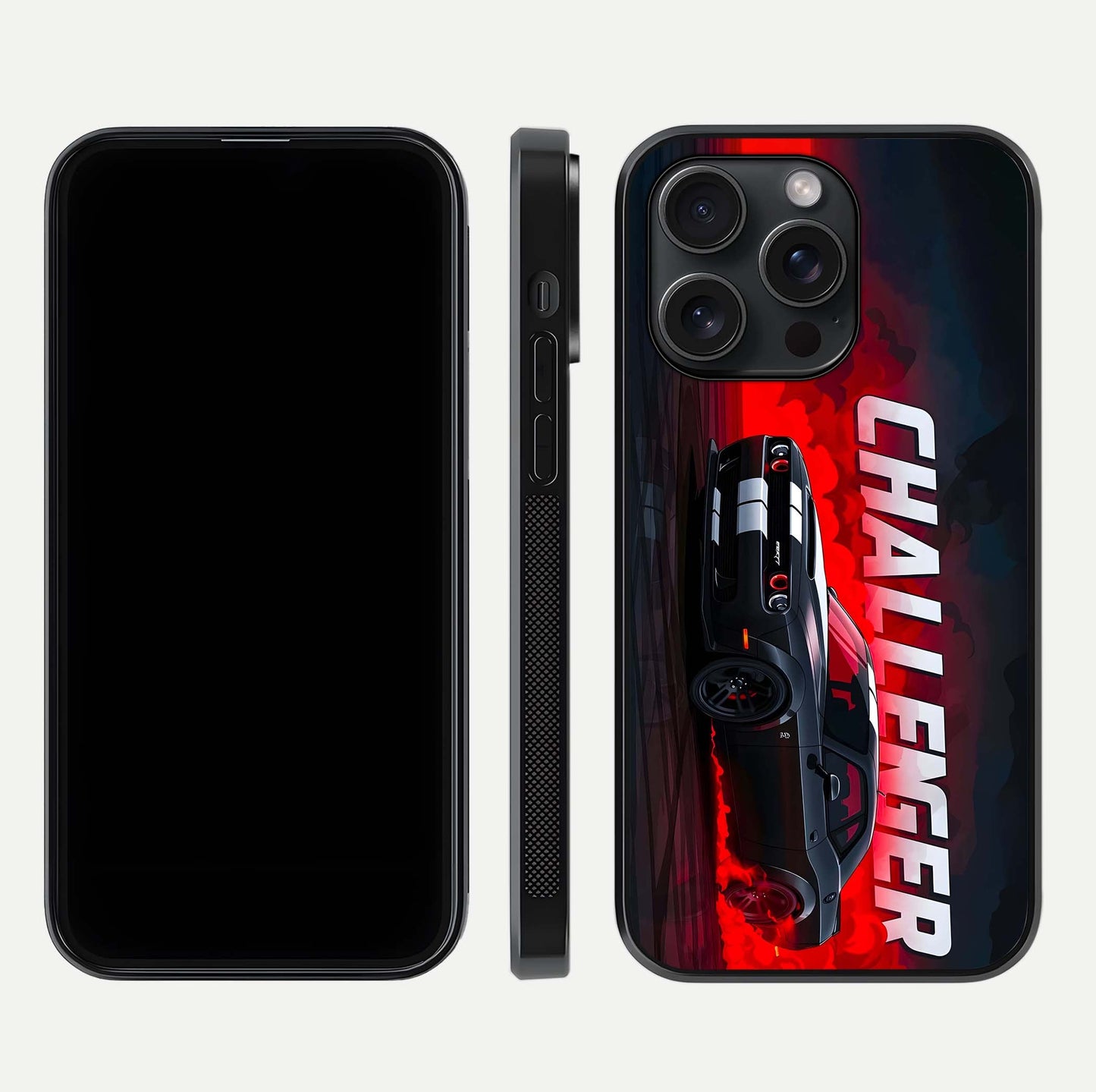 Crimson Challenger Fury Glass Case for iPhone 15 Pro dual-view layout displaying bold tones and edge polish