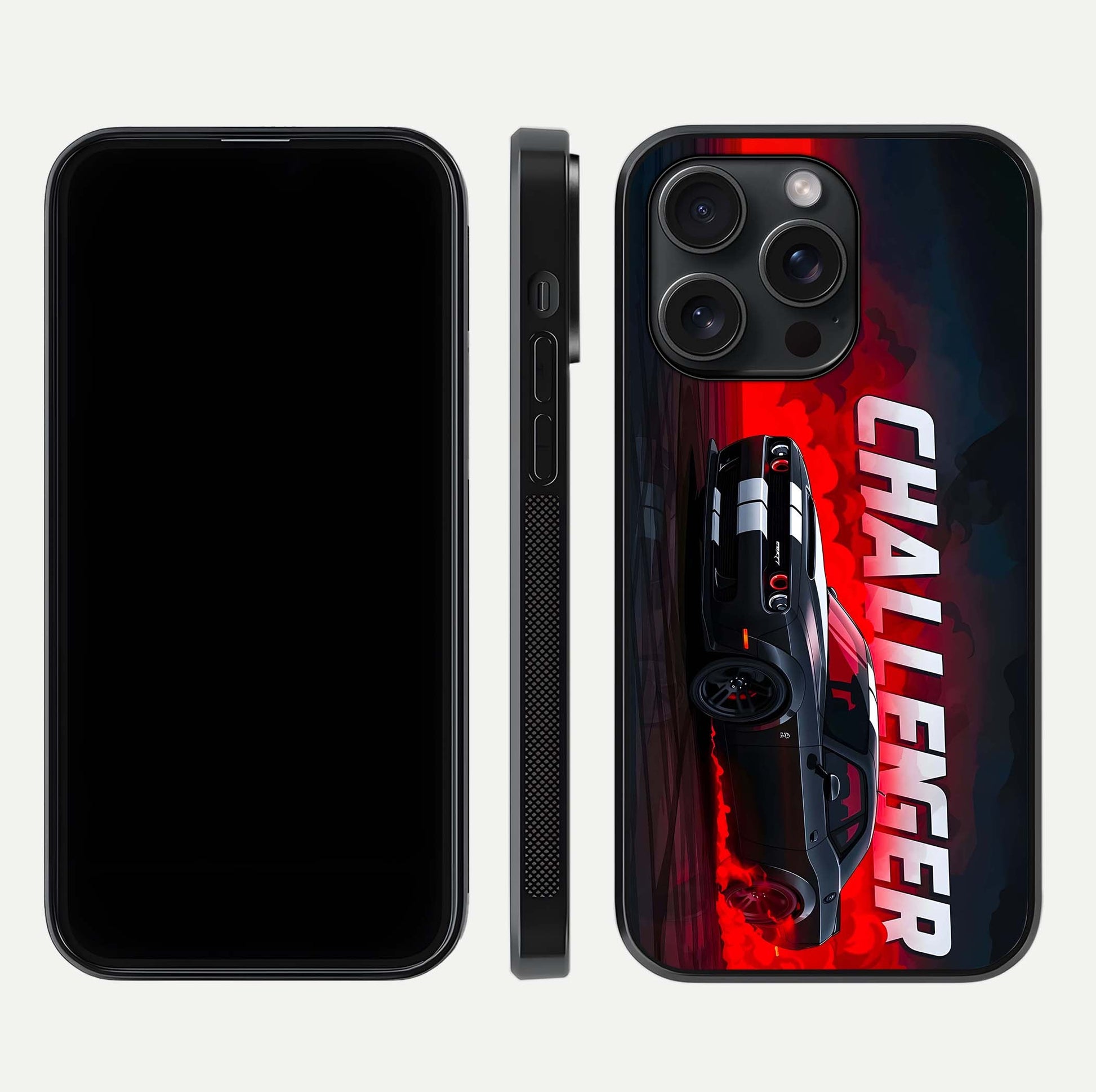 Crimson Challenger Fury Glass Case for iPhone 15 Pro dual-view layout displaying bold tones and edge polish