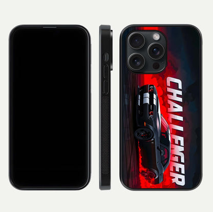 Crimson Challenger Fury Glass Case for iPhone 15 Pro dual-view layout displaying bold tones and edge polish