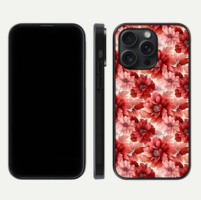 Crimson Love Petals Glass Case for iPhone 15 Pro dual-view layout displaying floral charm and curved glass
