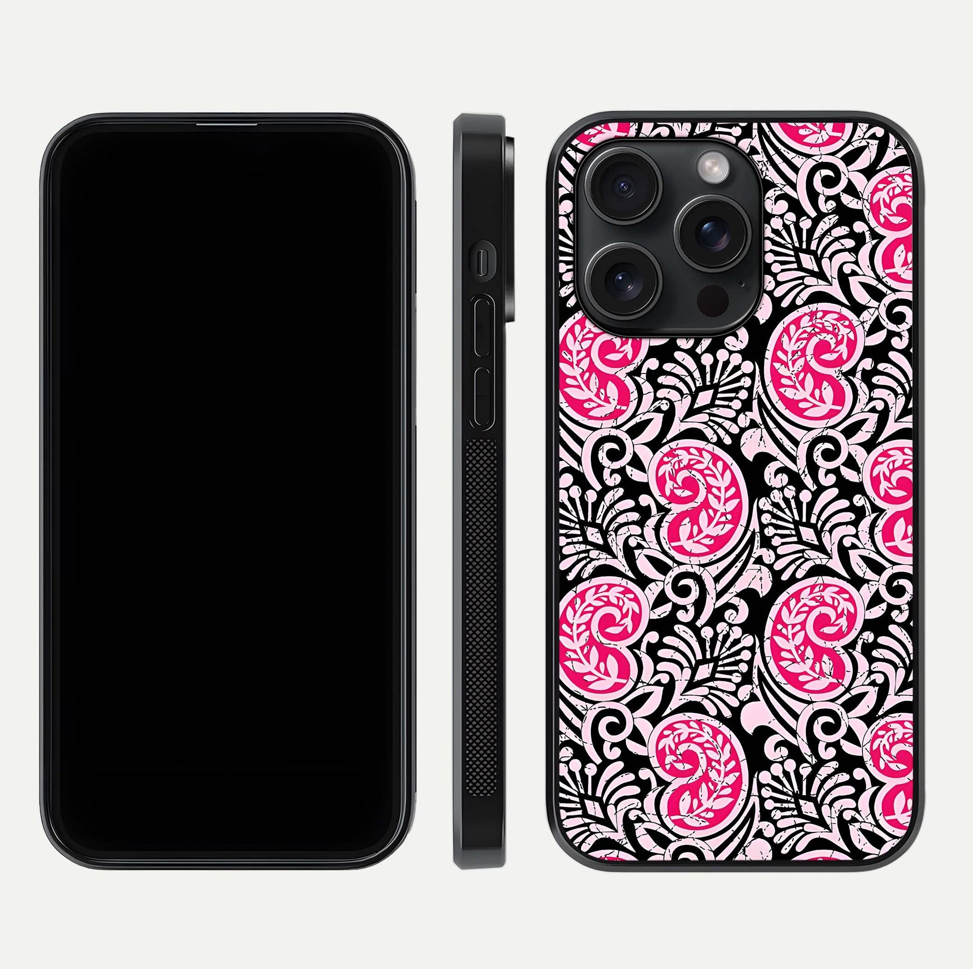 Crimson Paisley Charm Glass Case for iPhone 15 Pro dual-view layout displaying HD print and curved polish