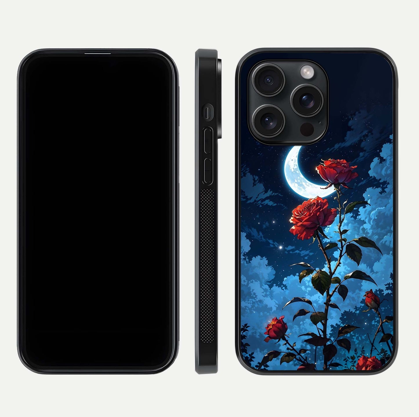 Crimson Rose Moon Glass Case for iPhone 15 Pro dual-view layout displaying red tones and soft gloss
