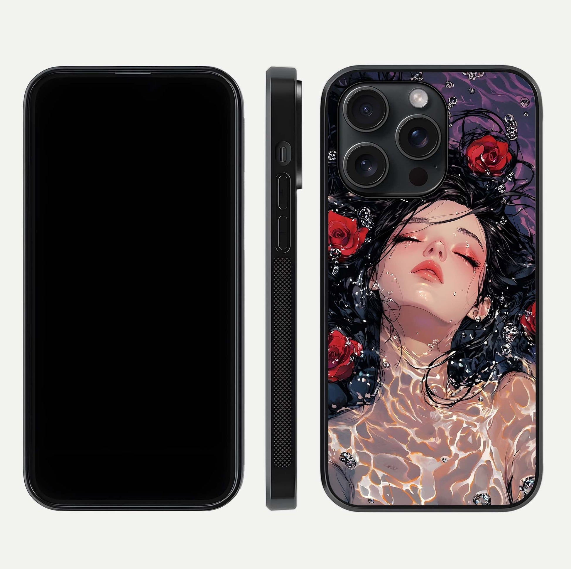 Crimson Rose Serenity Glass Case for iPhone 15 Pro dual-view layout displaying serenity tones and curved glass