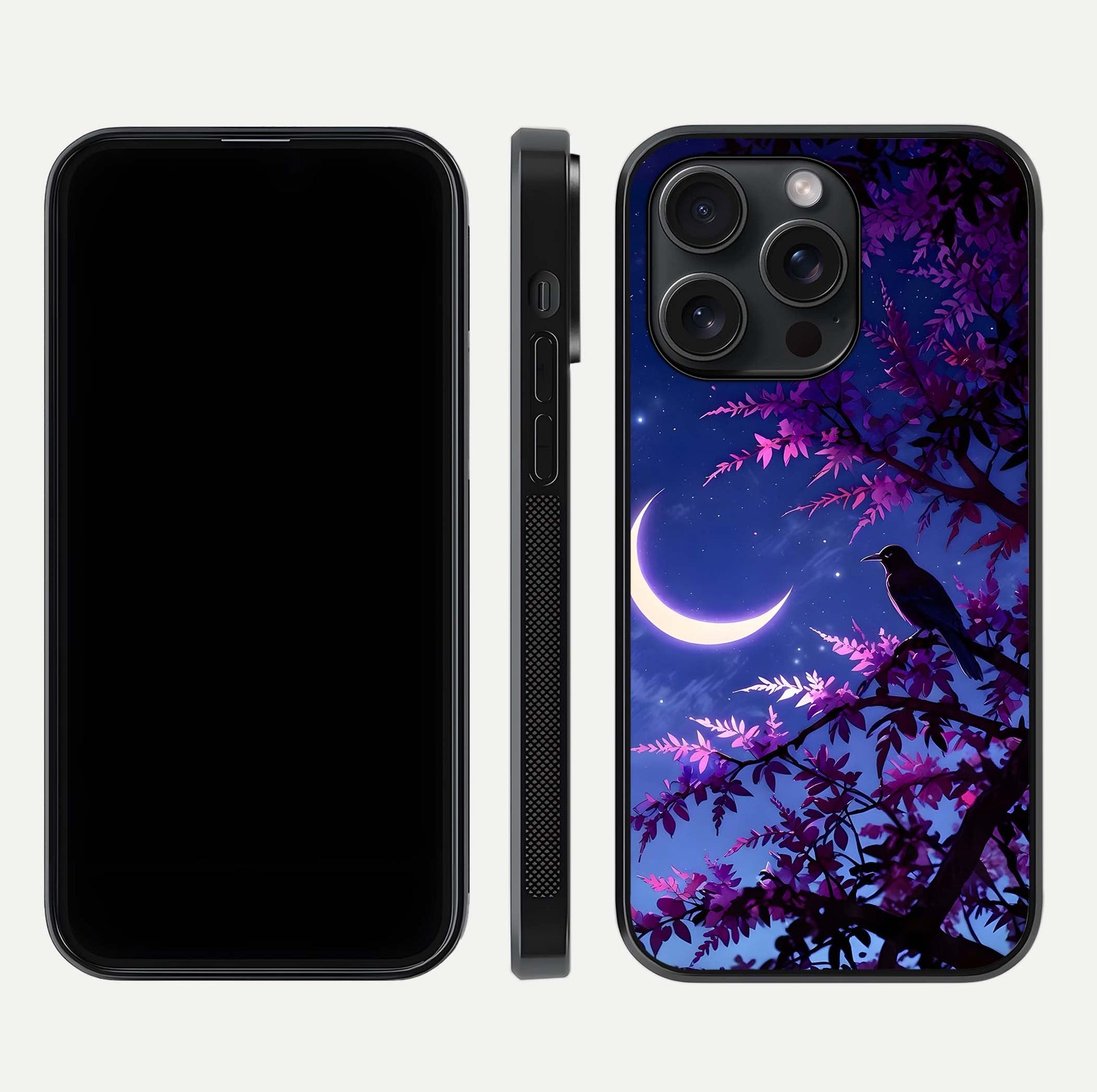 Crow & Moon Scenery Glass Case for iPhone 15 Pro dual-view layout displaying night sky art and curved glass edges