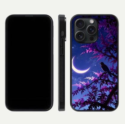 Crow & Moon Scenery Glass Case for iPhone 15 Pro dual-view layout displaying night sky art and curved glass edges
