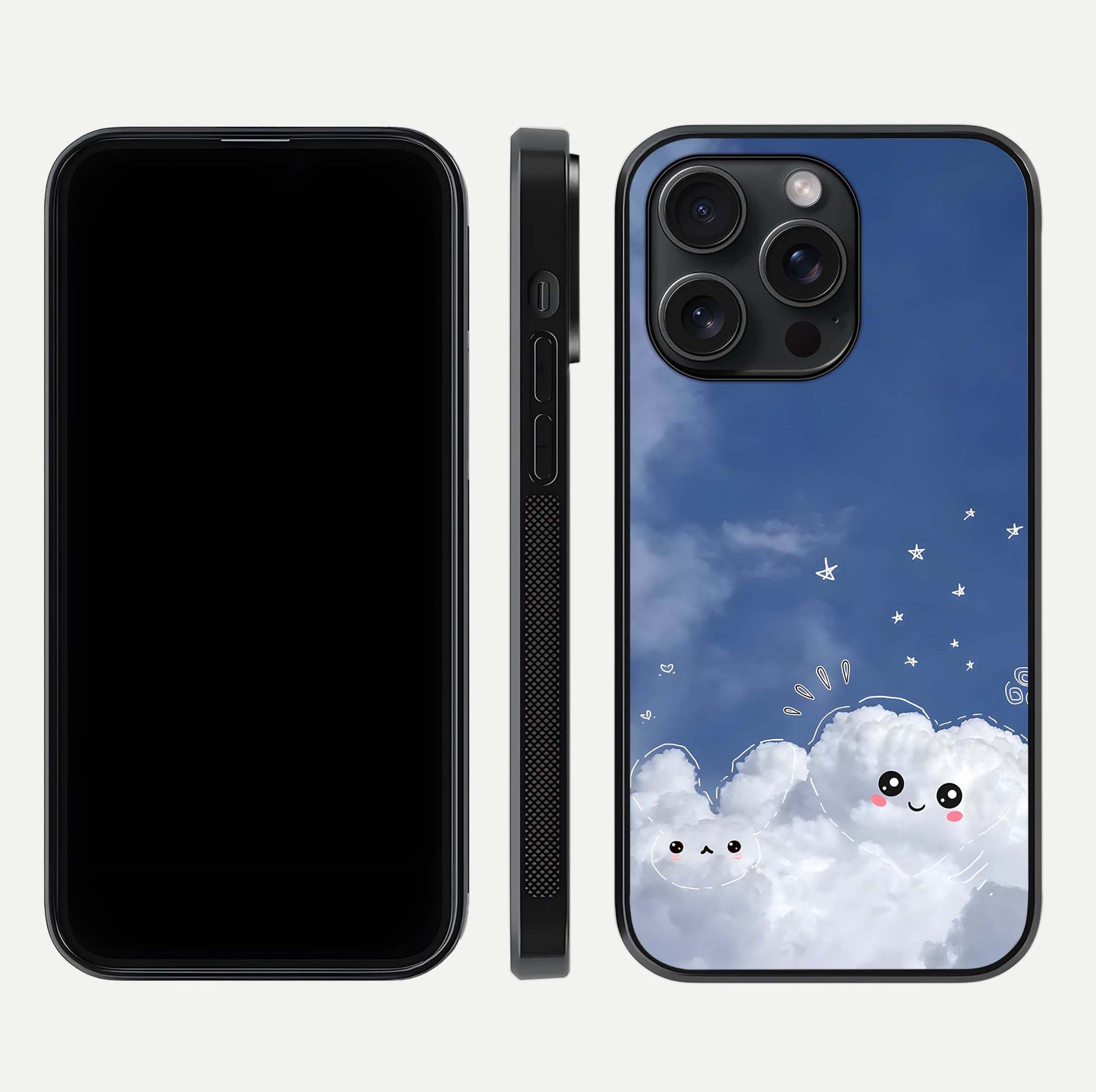 Cute Blossom Cloud Glass Case for iPhone 15 Pro dual-view layout displaying cute floral clouds and polished edge