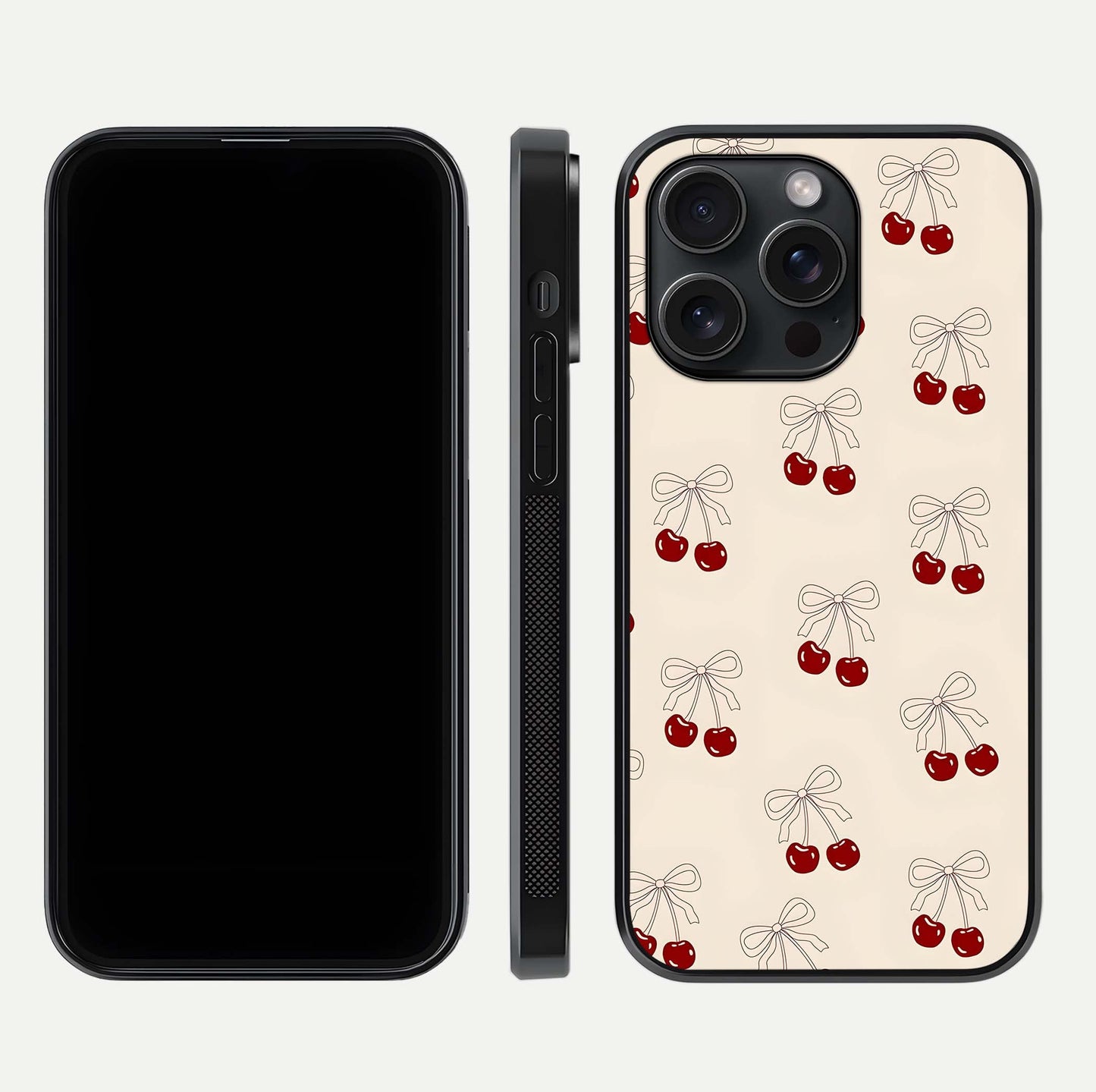 Cute Cherry Pattern Glass Case for iPhone 15 Pro dual-view layout displaying aesthetic fruit print and smooth edges