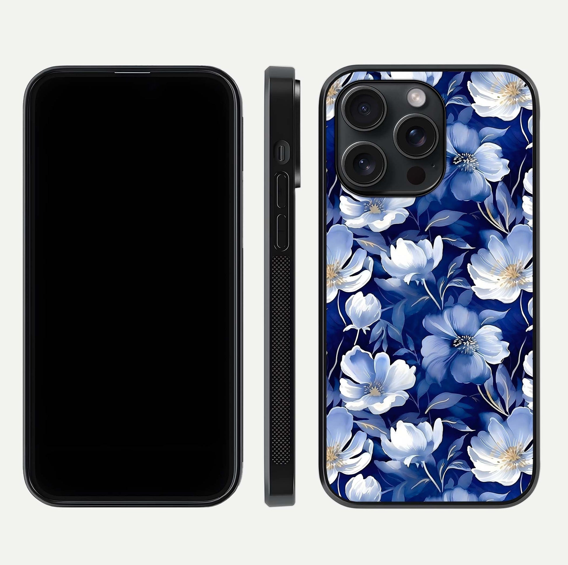 Cute Floral Patterns Glass Case for iPhone 15 Pro dual-view layout displaying HD floral print and curved edges