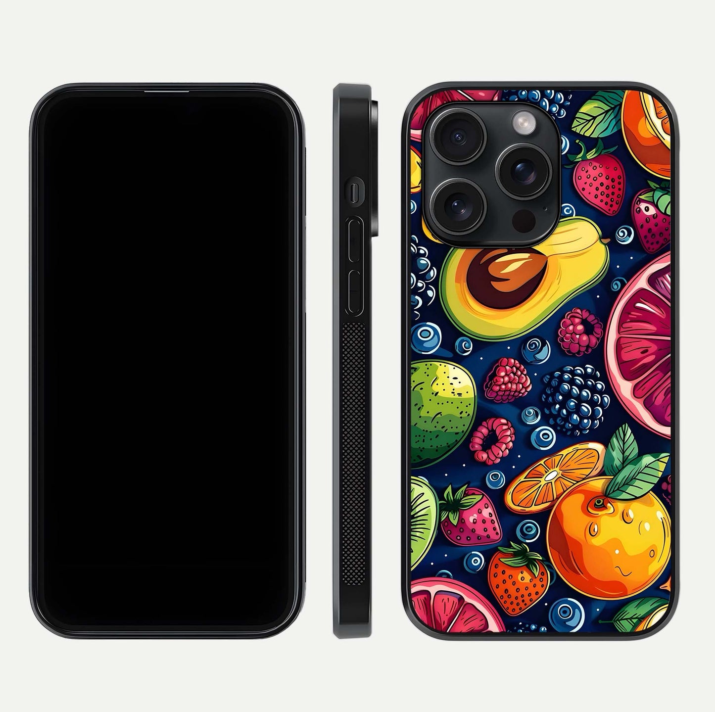 Cute Fruits Art Glass Case for iPhone 15 Pro dual-view layout displaying playful tones and curved design