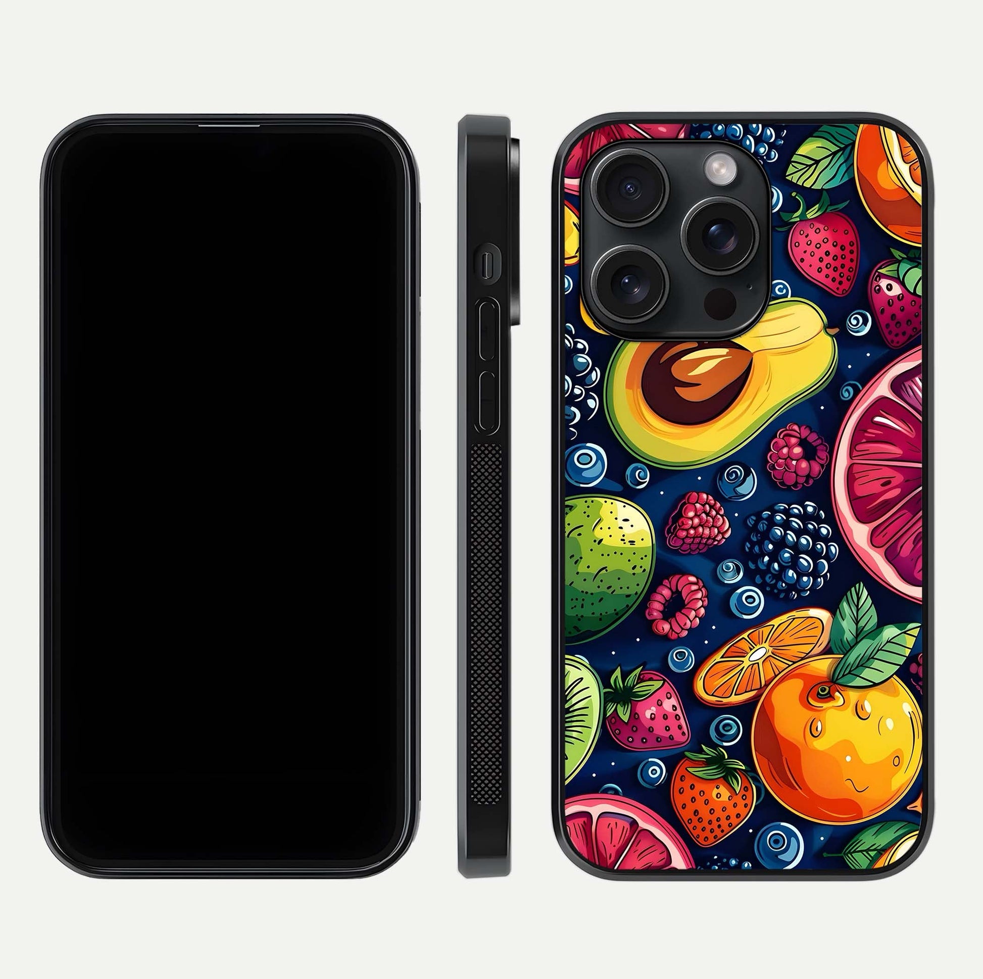 Cute Fruits Art Glass Case for iPhone 15 Pro dual-view layout displaying playful tones and curved design