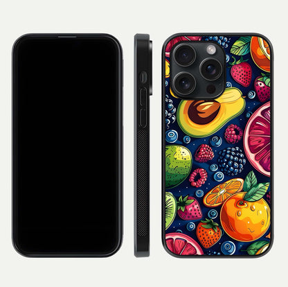 Cute Fruits Art Glass Case for iPhone 15 Pro dual-view layout displaying playful tones and curved design