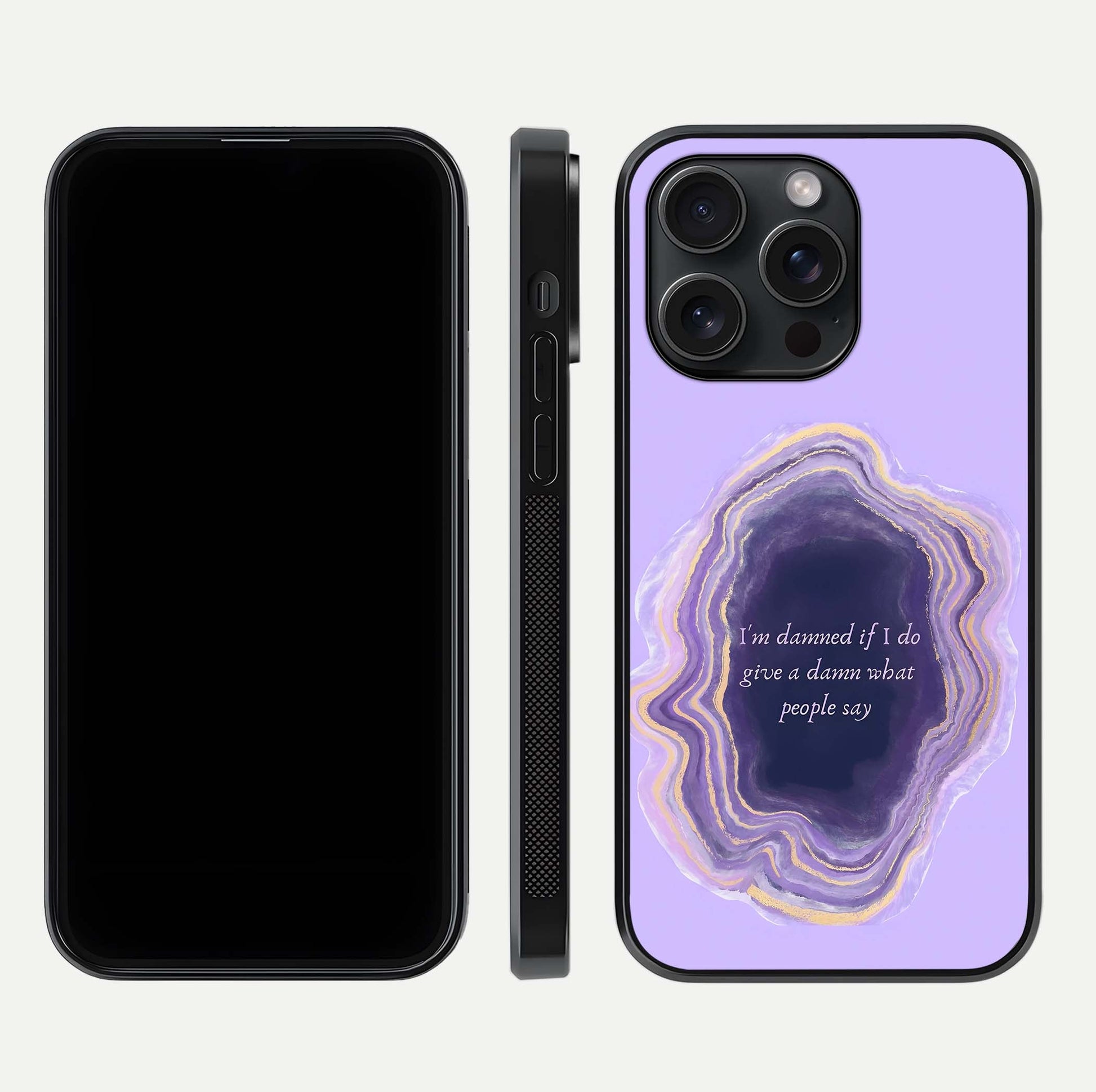 Damned People Quote Glass Case for iPhone 15 Pro dual-view layout displaying modern print and glass clarity