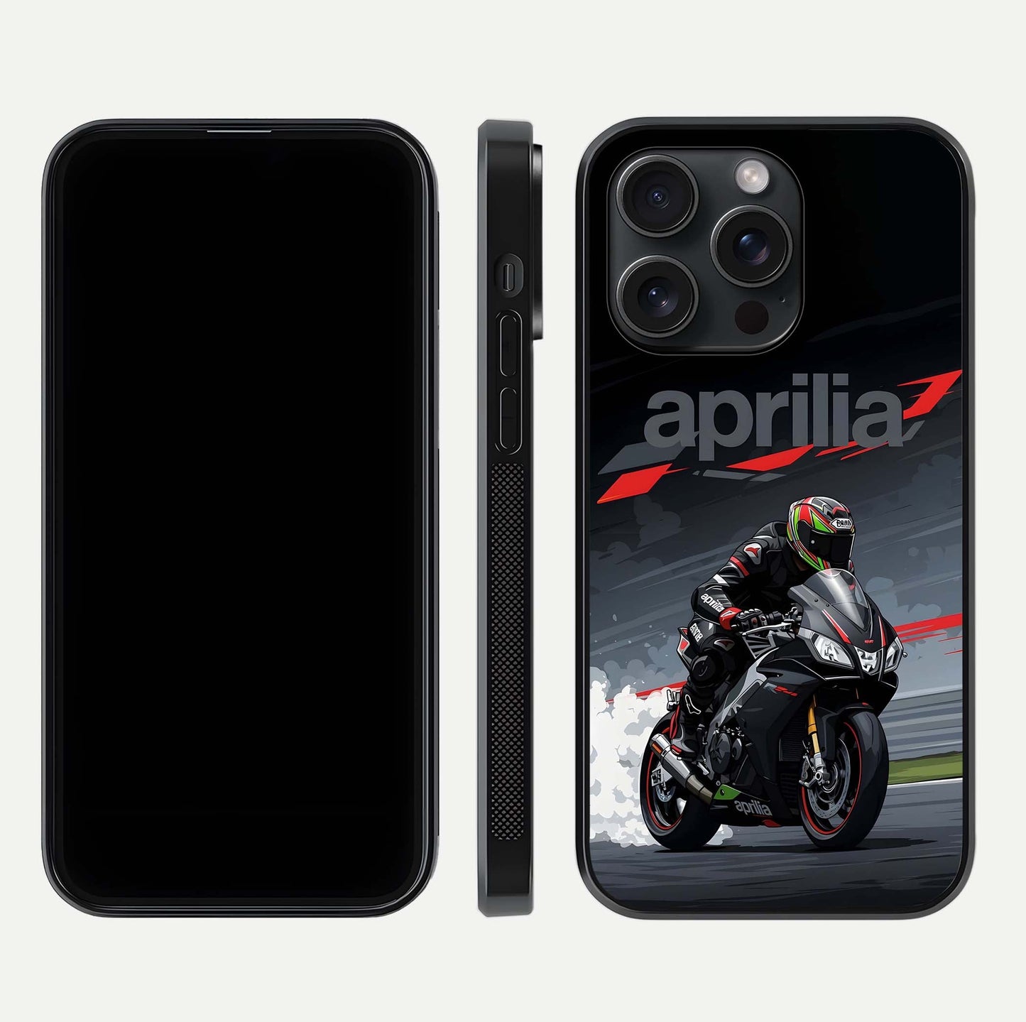 Dark Aprilla Glass Case for iPhone 15 Pro dual-view layout displaying sleek racing look and HD shine