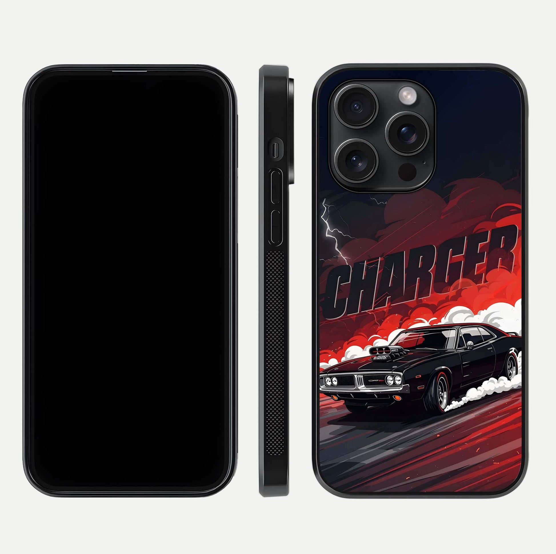 Dark Charger Fury Glass Case for iPhone 15 Pro dual-view layout displaying HD design and polished edges