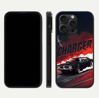 Dark Charger Fury Glass Case for iPhone 15 Pro dual-view layout displaying HD design and polished edges