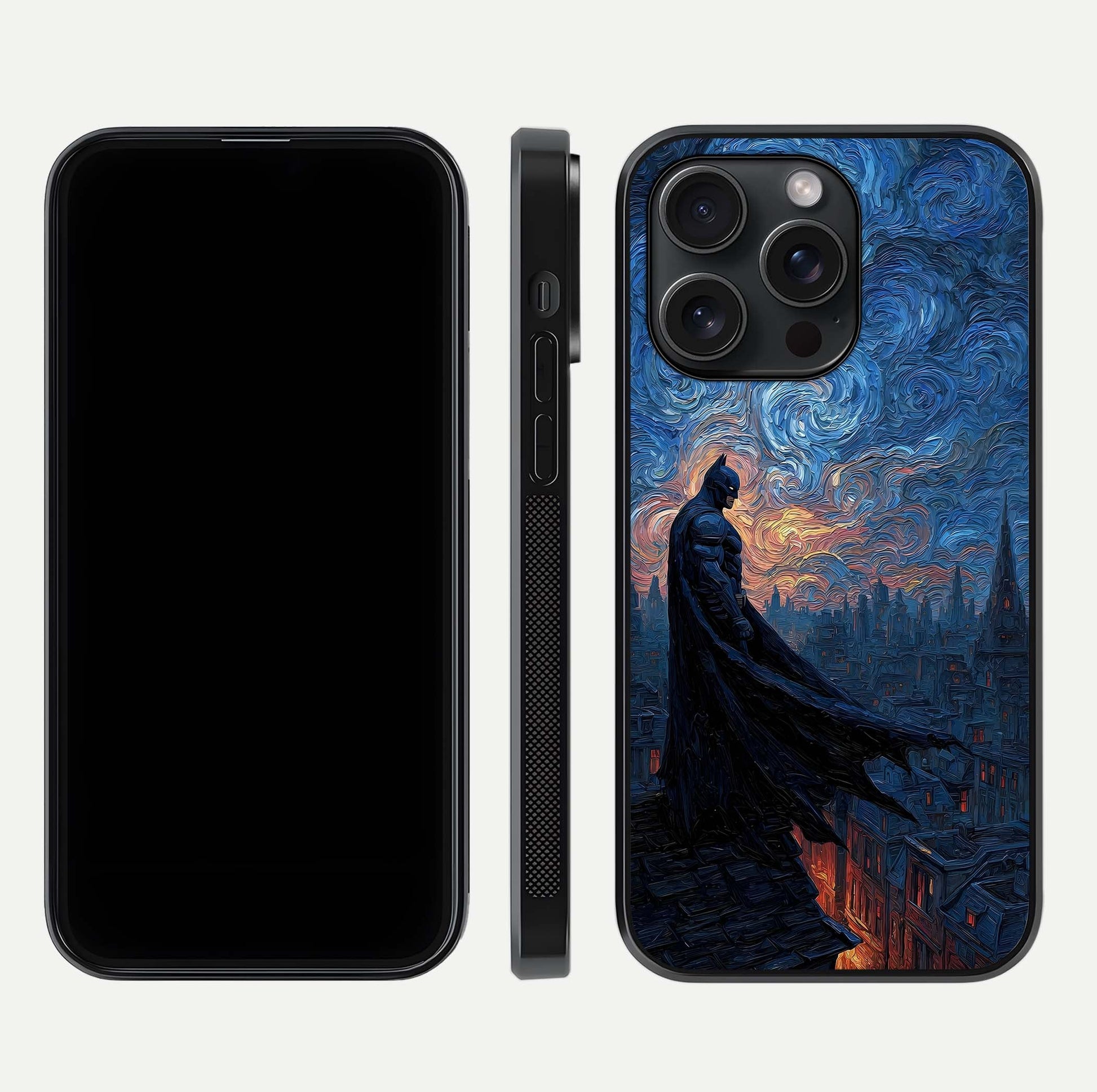 Dark Knight Dusk Glass Case for iPhone 15 Pro dual-view layout displaying HD hero print and curved glass edges