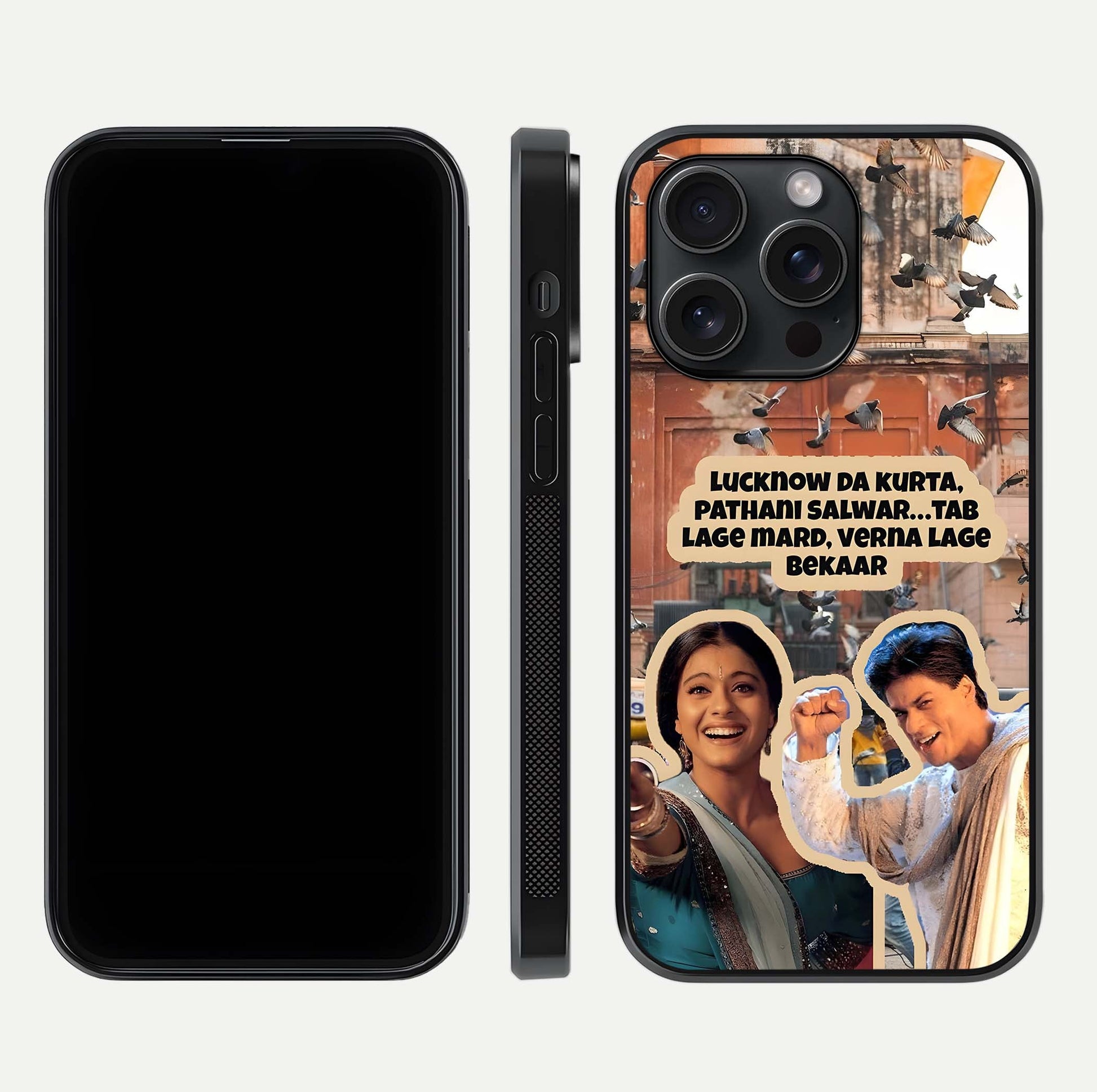 Desi Retro Vibes Glass Case for iPhone 15 Pro dual-view layout showing nostalgic design and smooth glass curve