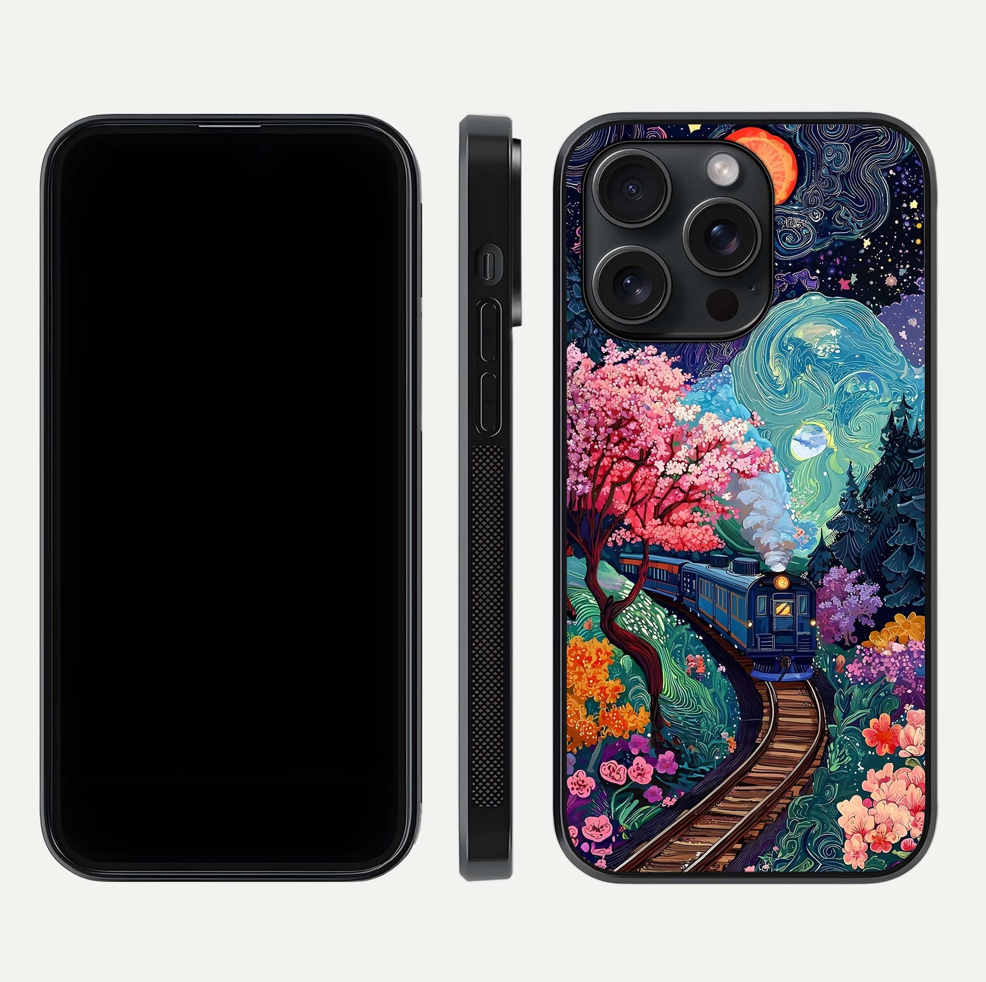 Digital Art Glass Case for iPhone 15 Pro dual-view layout displaying artistic tones and curved glass edge