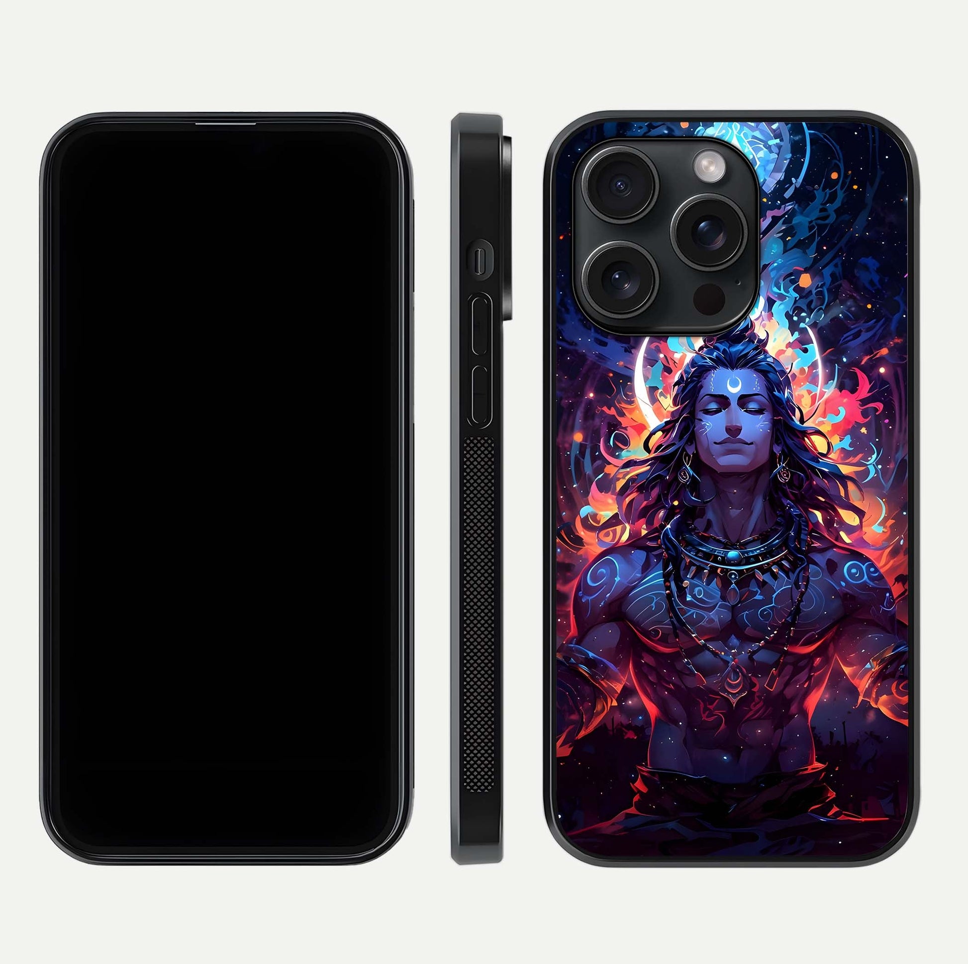 Divine Fire Shiv Glass Case for iPhone 15 Pro dual-view layout displaying HD deity print and curved edges