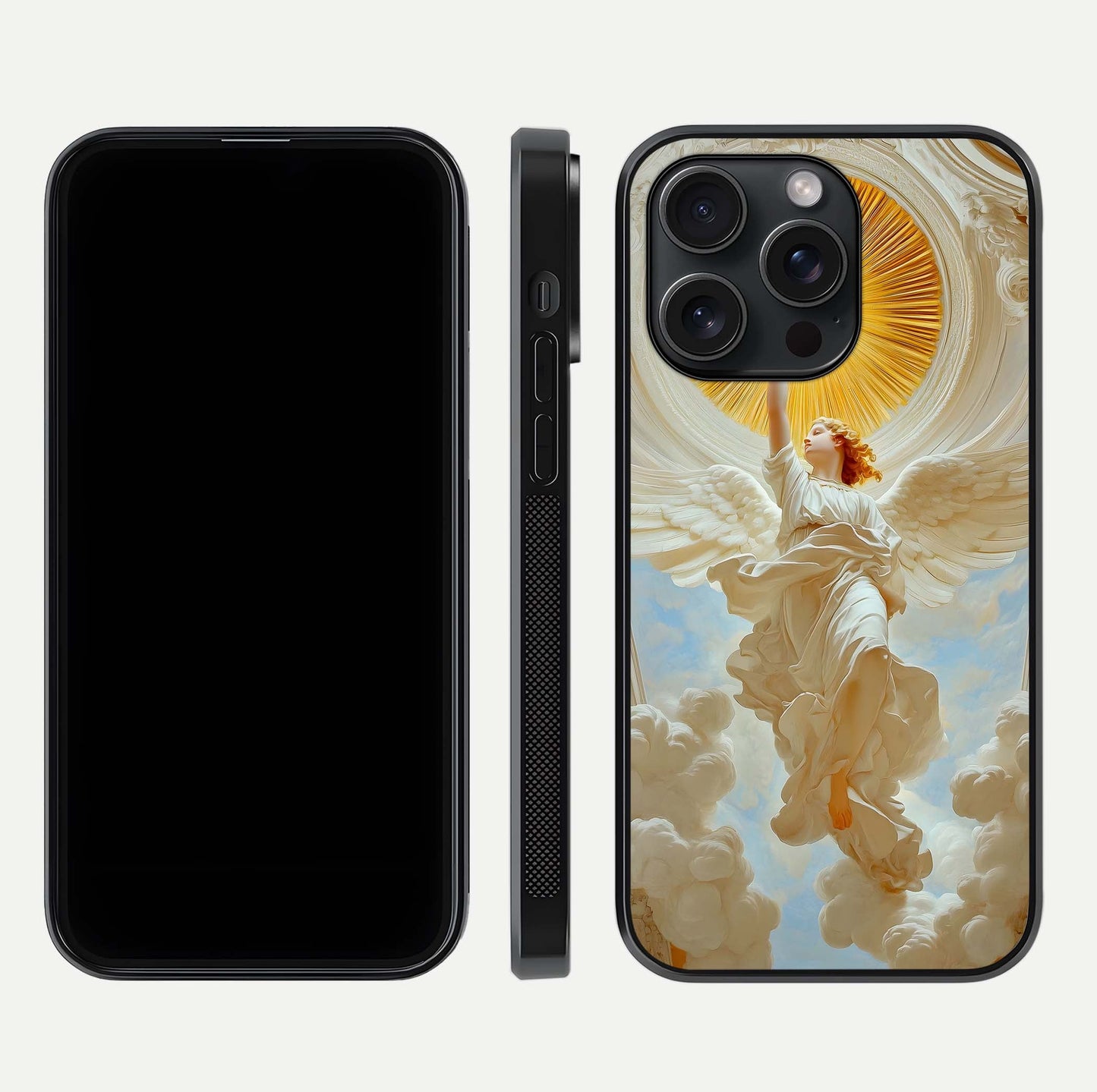 Divine Light Angel Glass Case for iPhone 15 Pro dual-view layout displaying celestial tones and smooth curves