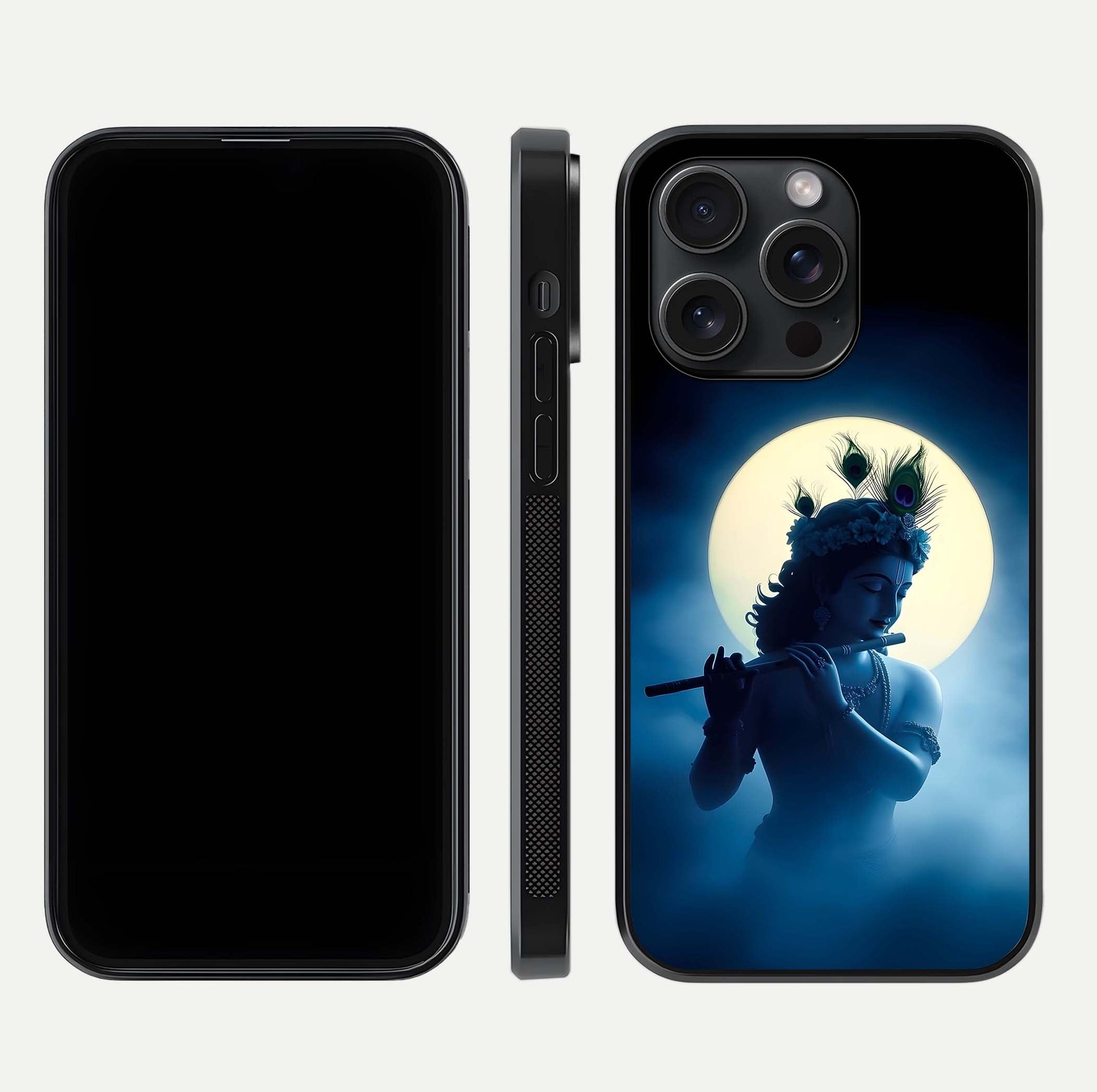 Divine Moon Flute Glass Case for iPhone 15 Pro dual-view layout displaying soft night tones and curved polish
