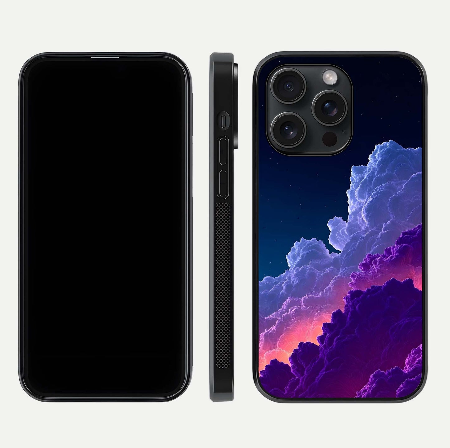 Dreamy Cloud Skies Glass Case for iPhone 15 Pro dual-view layout displaying calm sky art and smooth curve