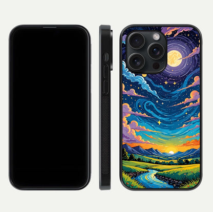 Dreamy Night Landscape Glass Case for iPhone 15 Pro dual-view layout displaying HD print and curved glass edges