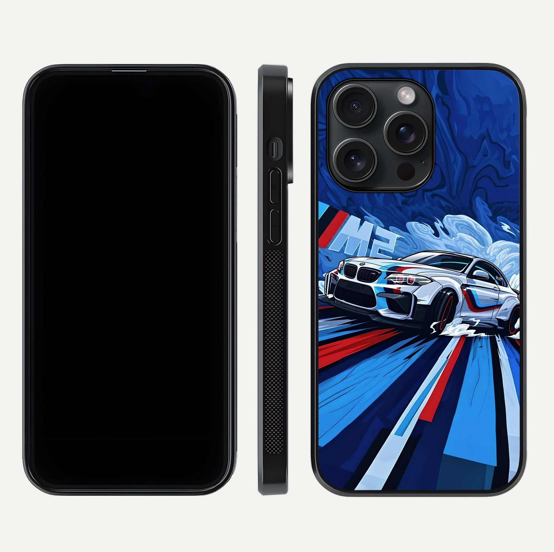 Drift Power Rush Glass Case for iPhone 15 Pro dual-view layout displaying dynamic motion art and HD gloss