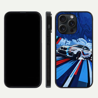 Drift Power Rush Glass Case for iPhone 15 Pro dual-view layout displaying dynamic motion art and HD gloss