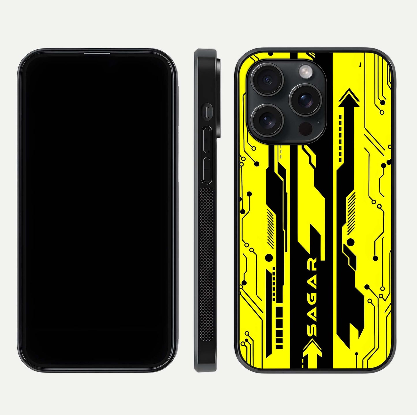 Electric Pulse CYBERPUNK Custom Name Glass Case for iPhone 15 Pro dual-view layout displaying futuristic hues and curved glass edges