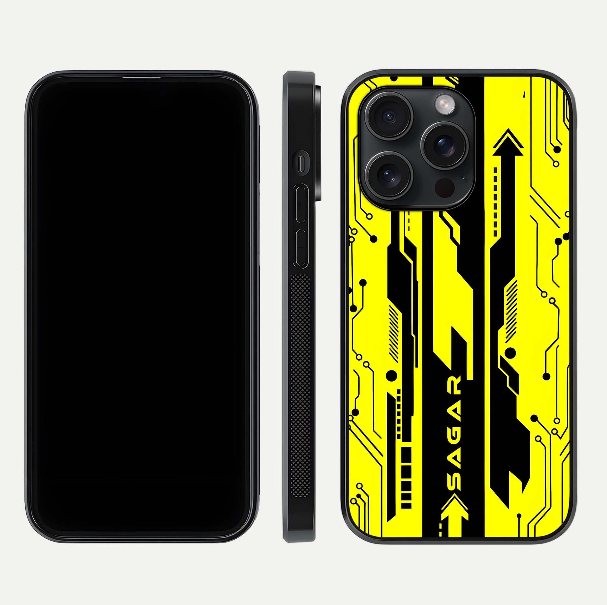 Electric Pulse CYBERPUNK Custom Name Glass Case for iPhone 15 Pro dual-view layout displaying futuristic hues and curved glass edges