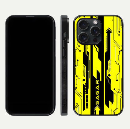 Electric Pulse CYBERPUNK Custom Name Glass Case for iPhone 15 Pro dual-view layout displaying futuristic hues and curved glass edges