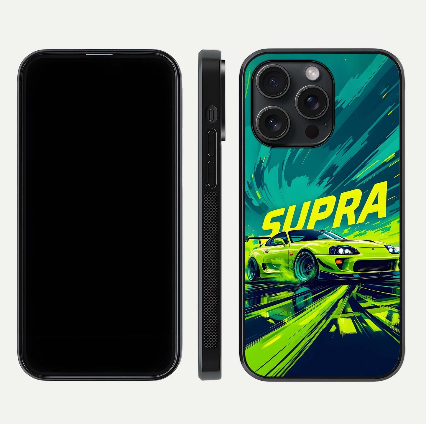 Electric Supra Thunder Glass Case for iPhone 15 Pro dual-view layout displaying dynamic motion art and curved finish