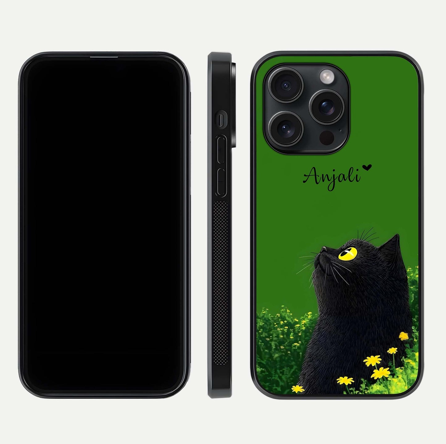 Emerald Cat Custom Name Glass Case for iPhone 15 Pro dual-view layout displaying artistic tones and smooth curves