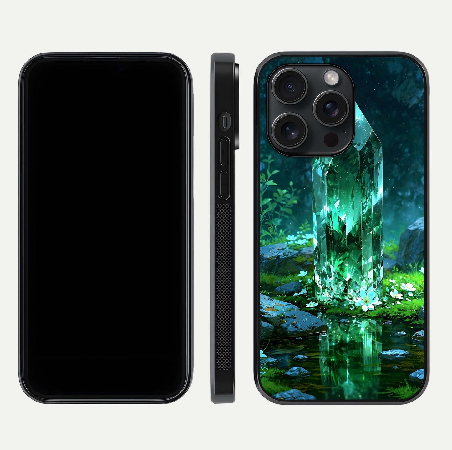 Emerald Light Crystal Glass Case for iPhone 15 Pro dual-view layout displaying gem-like tones and polished edge