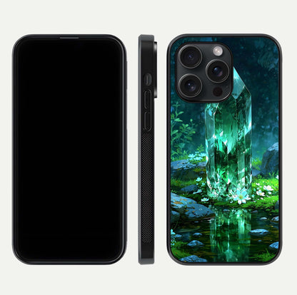 Emerald Light Crystal Glass Case for iPhone 15 Pro dual-view layout displaying gem-like tones and polished edge