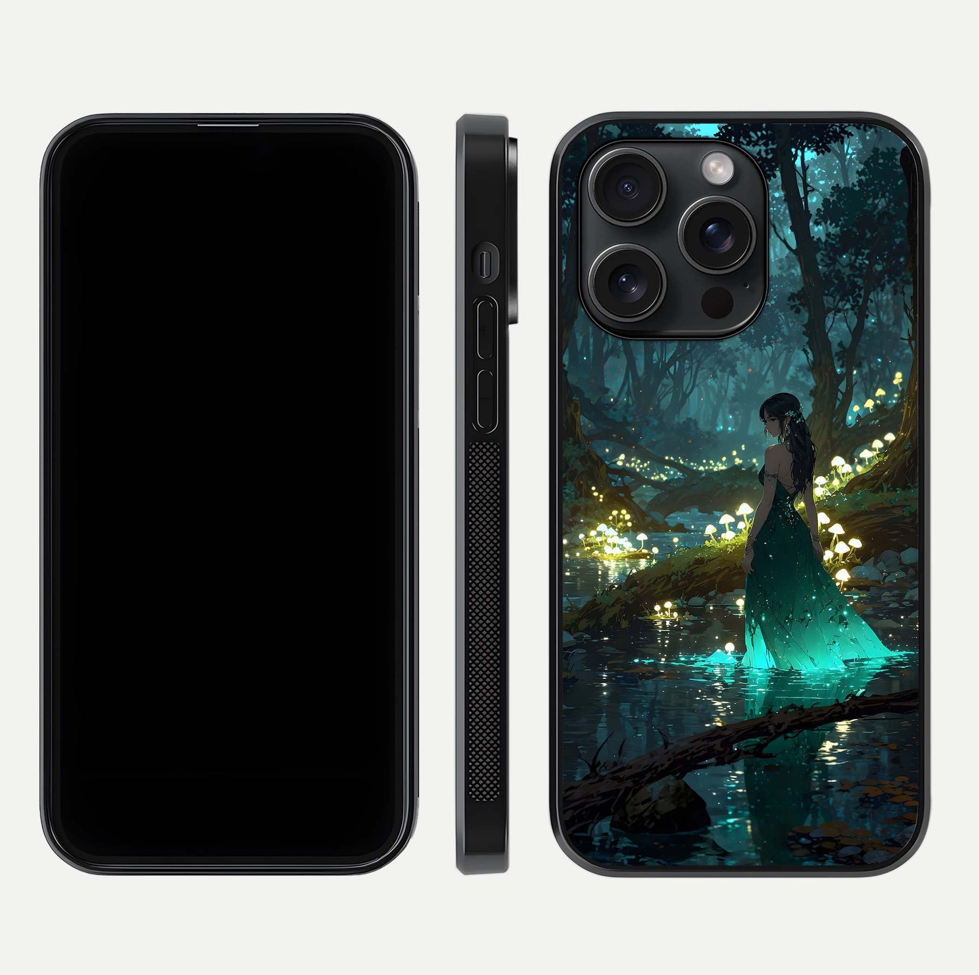 Enchanted Forest Glow Glass Case for iPhone 15 Pro dual-view layout displaying green tones and smooth glass