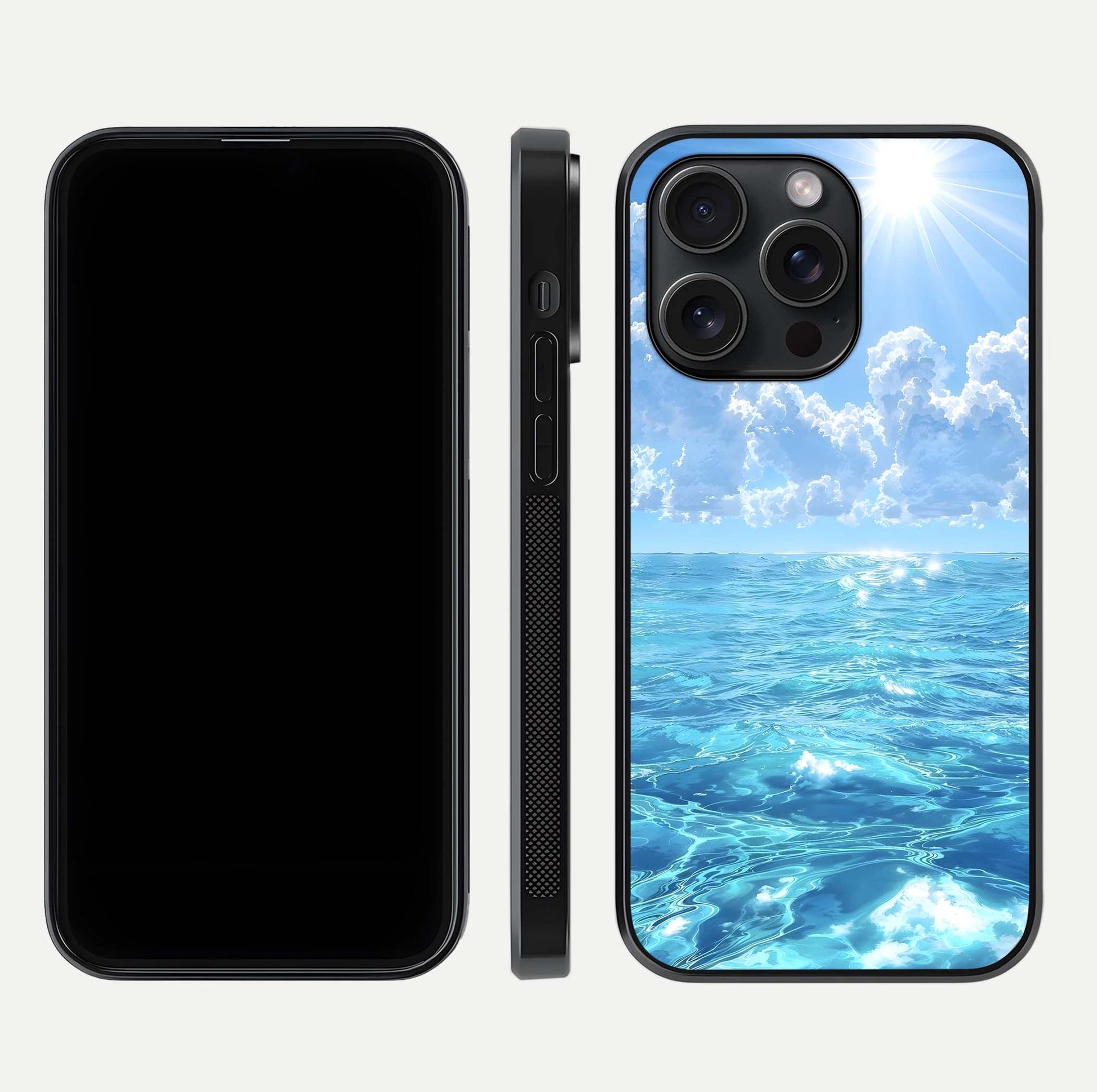 Endless Ocean Horizon Glass Case for iPhone 15 Pro dual-view layout displaying calm seascape and curved edges