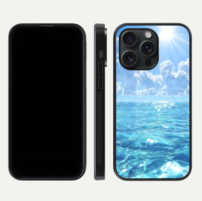 Endless Ocean Horizon Glass Case for iPhone 15 Pro dual-view layout displaying calm seascape and curved edges