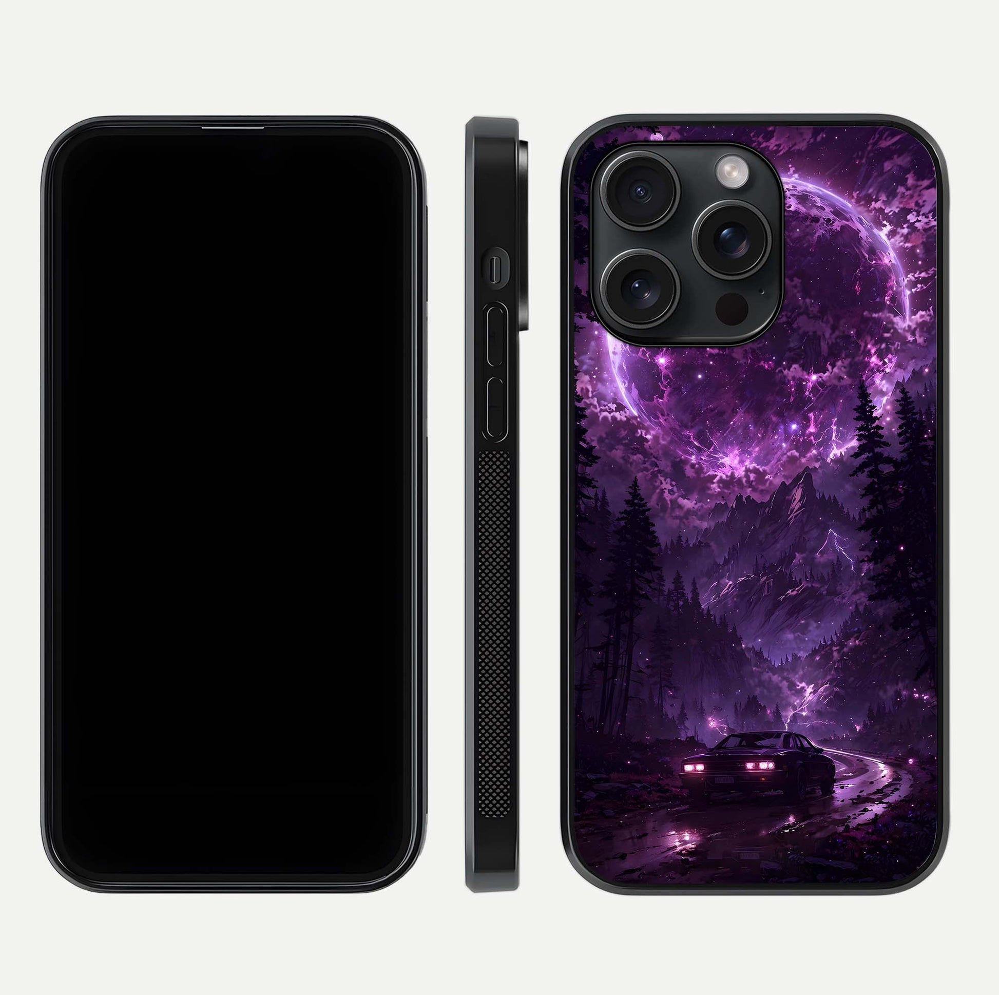 Eternal Cosmic Drive Glass Case for iPhone 15 Pro dual-view layout displaying outer-space tones and curved finish