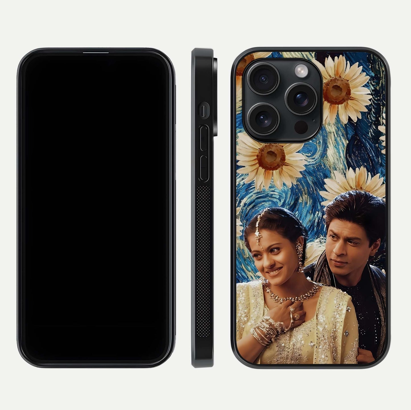 Eternal Love Story Glass Case for iPhone 15 Pro dual-view layout displaying soft hues and smooth glass