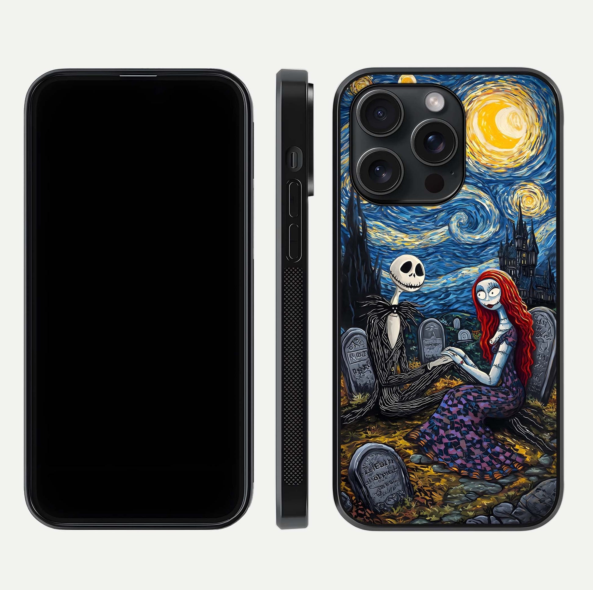 Eternal Night Love Glass Case for iPhone 15 Pro dual-view layout displaying HD art and curved polish