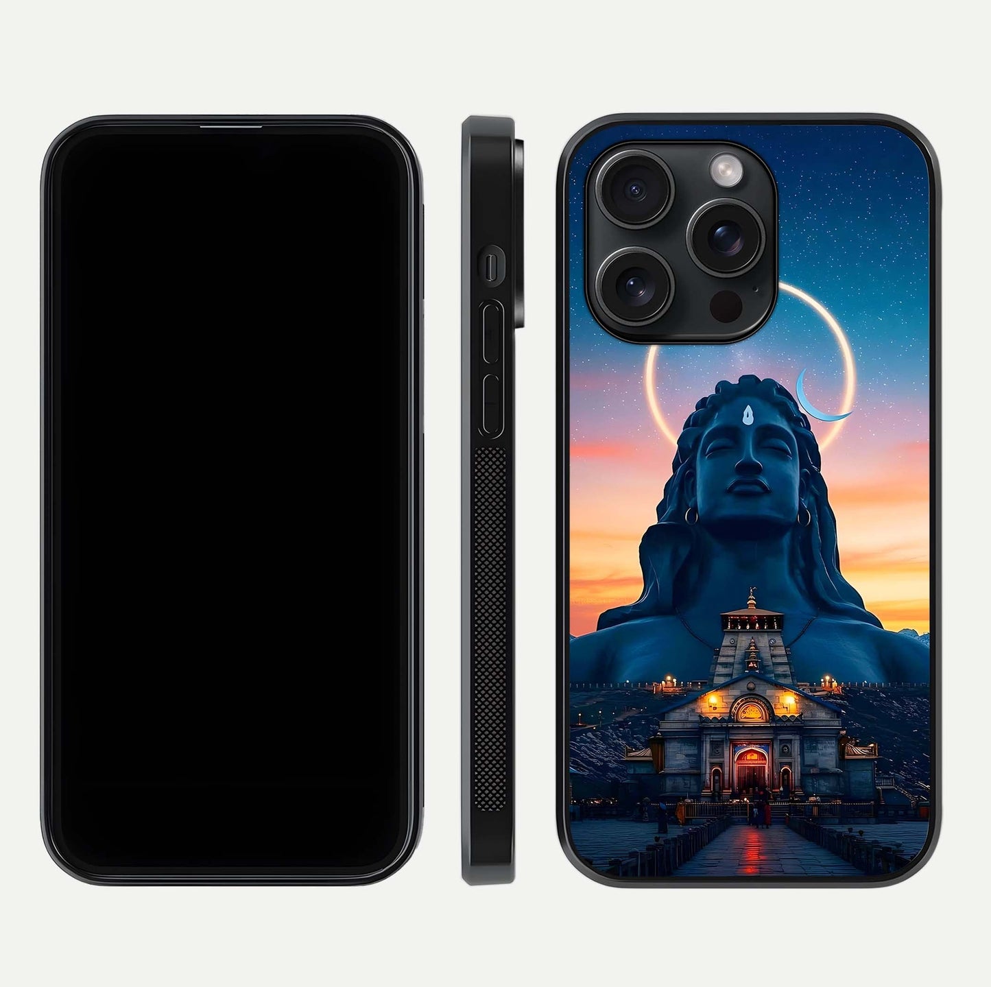 Eternal Shiva Aura Glass Case for iPhone 15 Pro dual-view layout displaying HD deity print and smooth edge