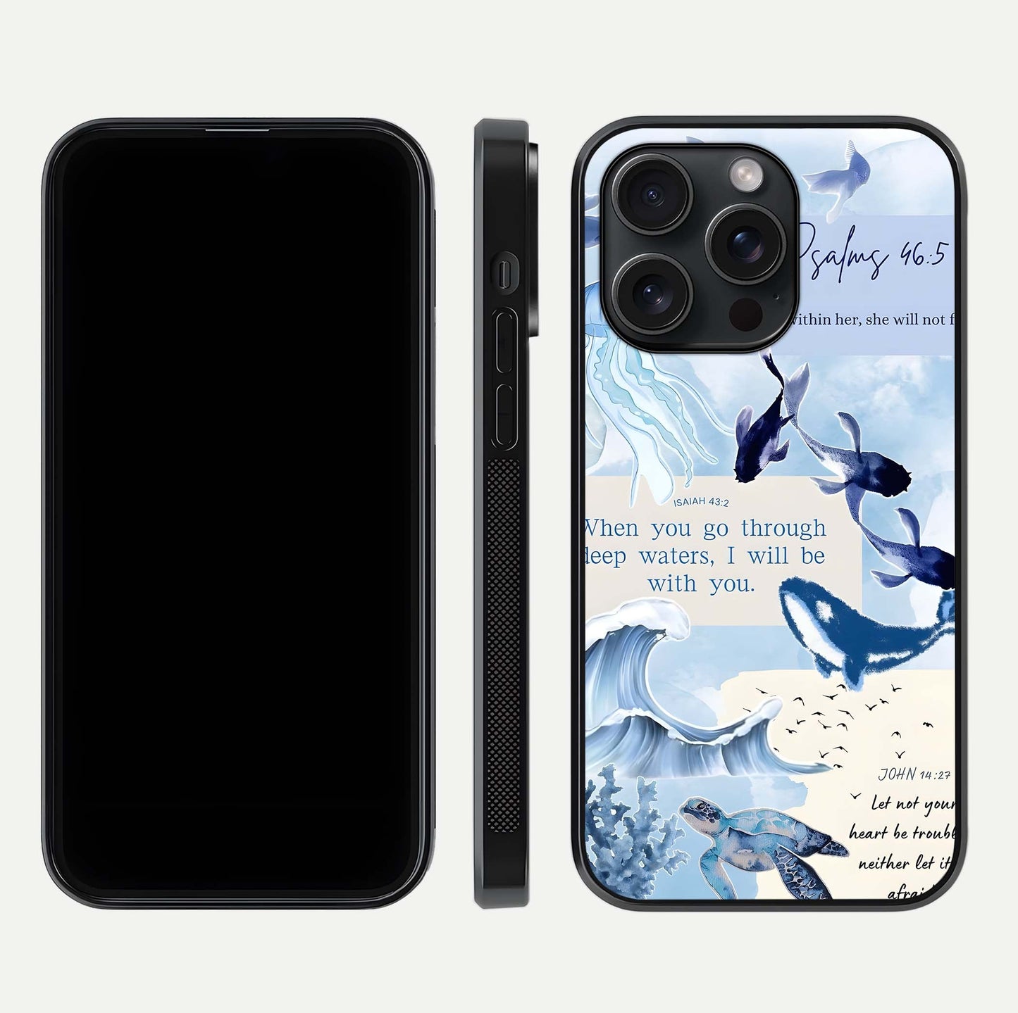 Faithful Ocean Promise Glass Case for iPhone 15 Pro dual-view layout showing sea horizon art and curved polish