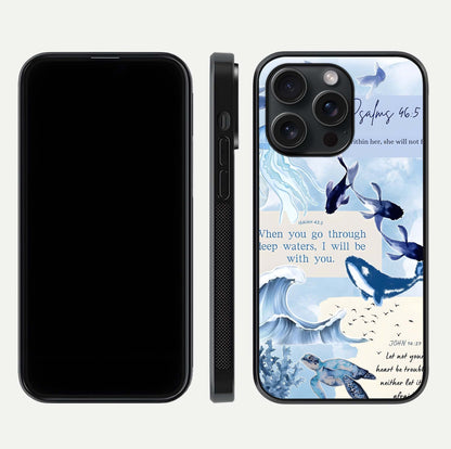Faithful Ocean Promise Glass Case for iPhone 15 Pro dual-view layout showing sea horizon art and curved polish