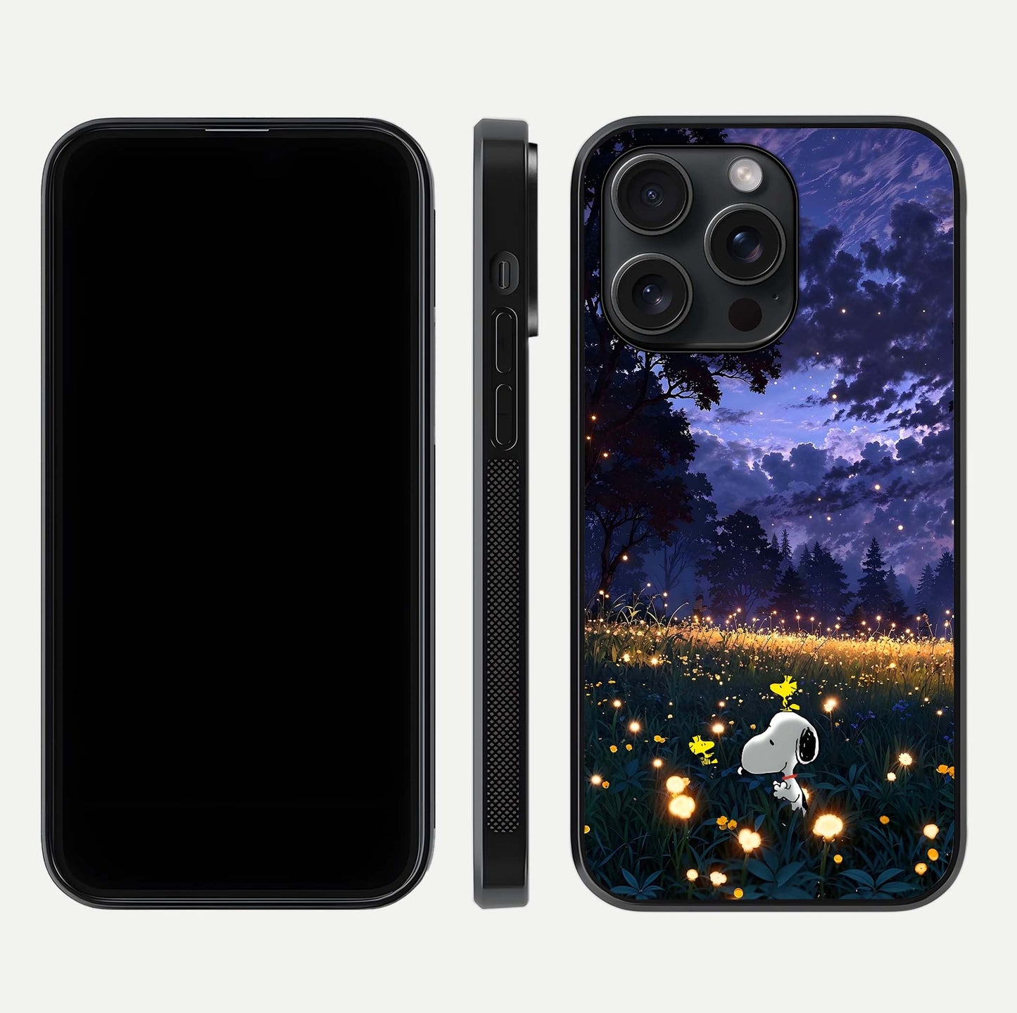 Firefly Meadow Magic Glass Case for iPhone 15 Pro dual-view layout displaying enchanting tones and curved edges