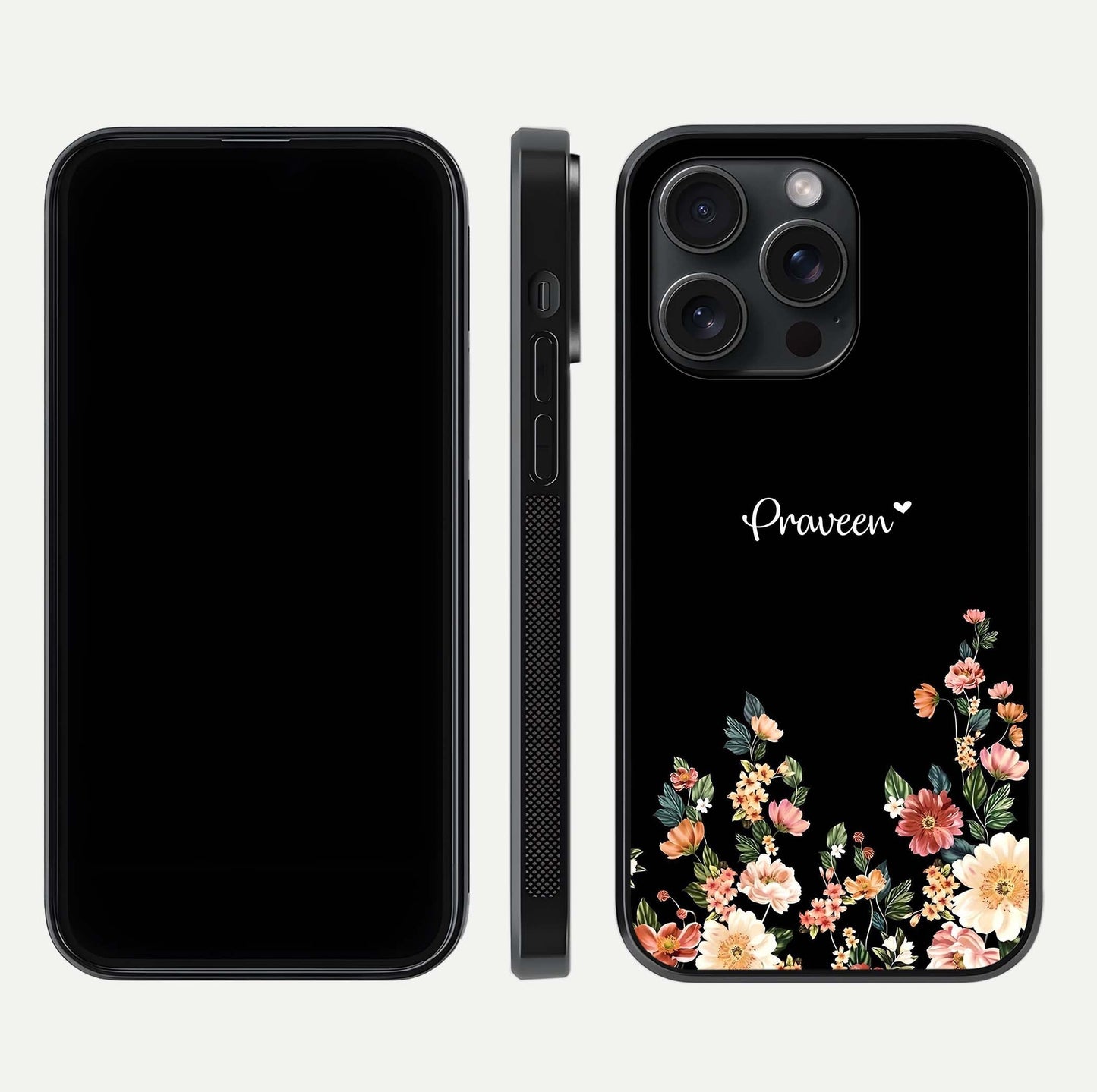 Floral Design Personalized Custom Name Glass Case for iPhone 15 Pro dual-view layout displaying artistic tones and curved finish