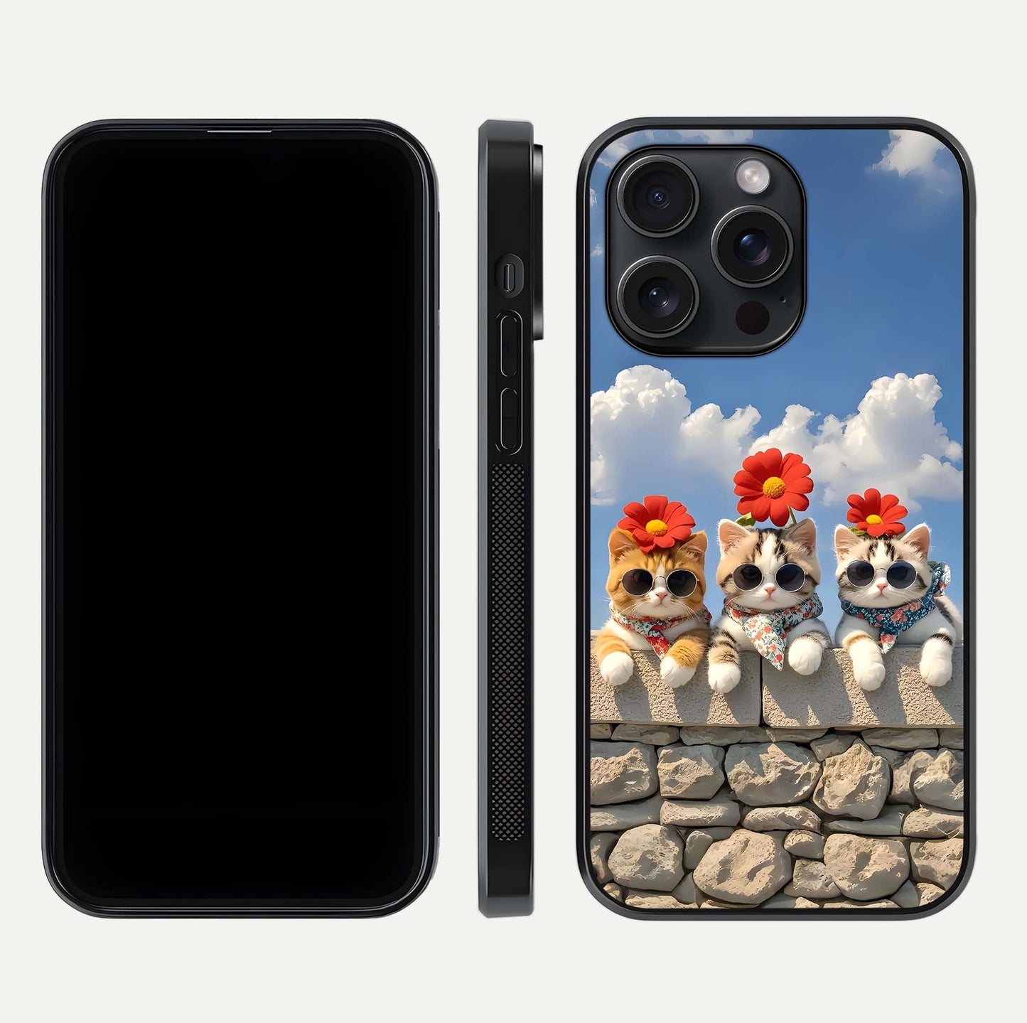 Floral Kitty Squad Glass Case for iPhone 15 Pro dual-view layout displaying vibrant tones and smooth edges
