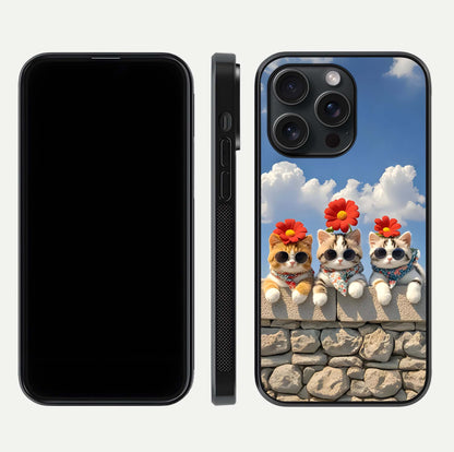 Floral Kitty Squad Glass Case for iPhone 15 Pro dual-view layout displaying vibrant tones and smooth edges