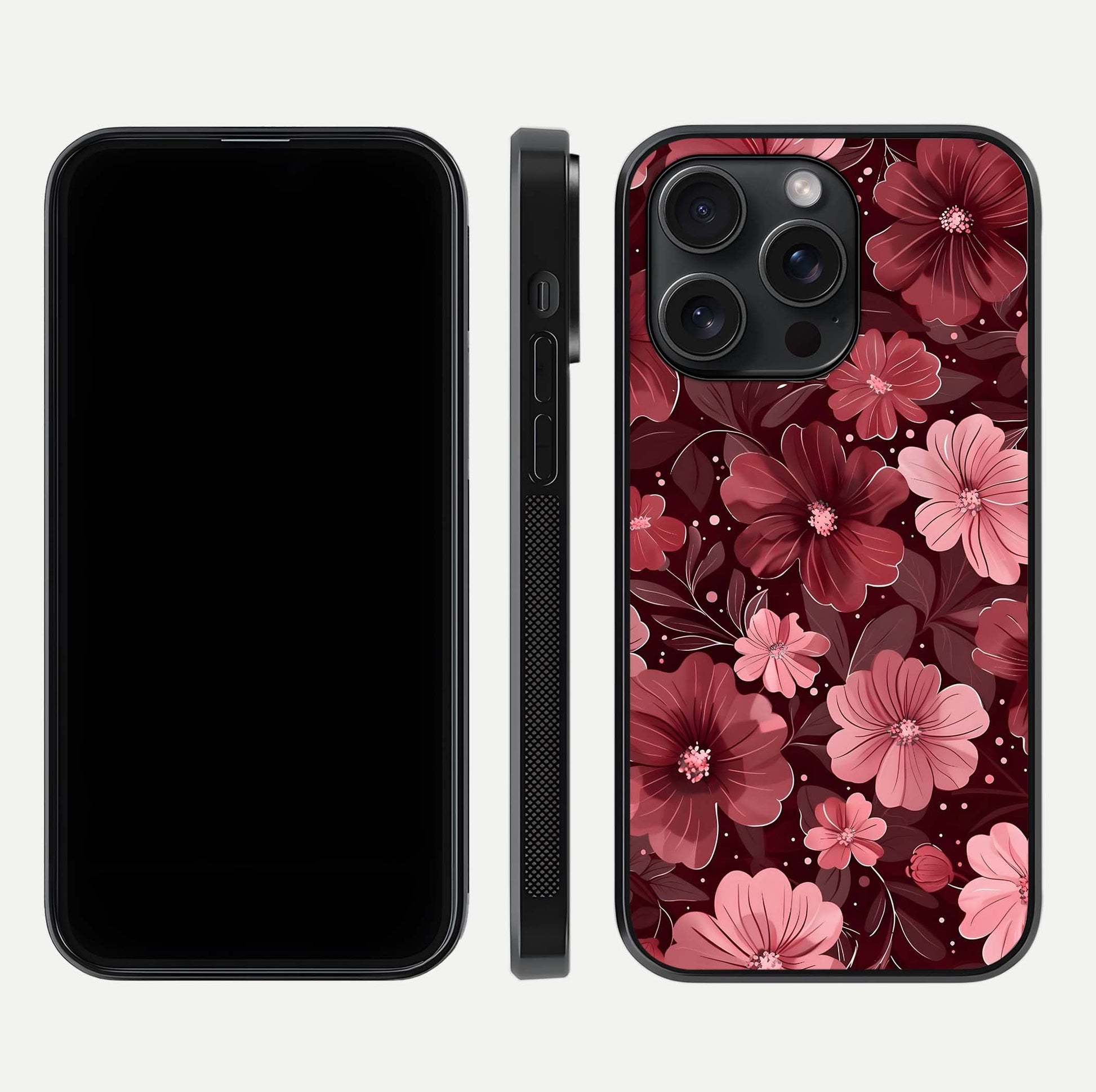 Flower Blush Bloom Glass Case for iPhone 15 Pro dual-view layout displaying HD print and smooth curves